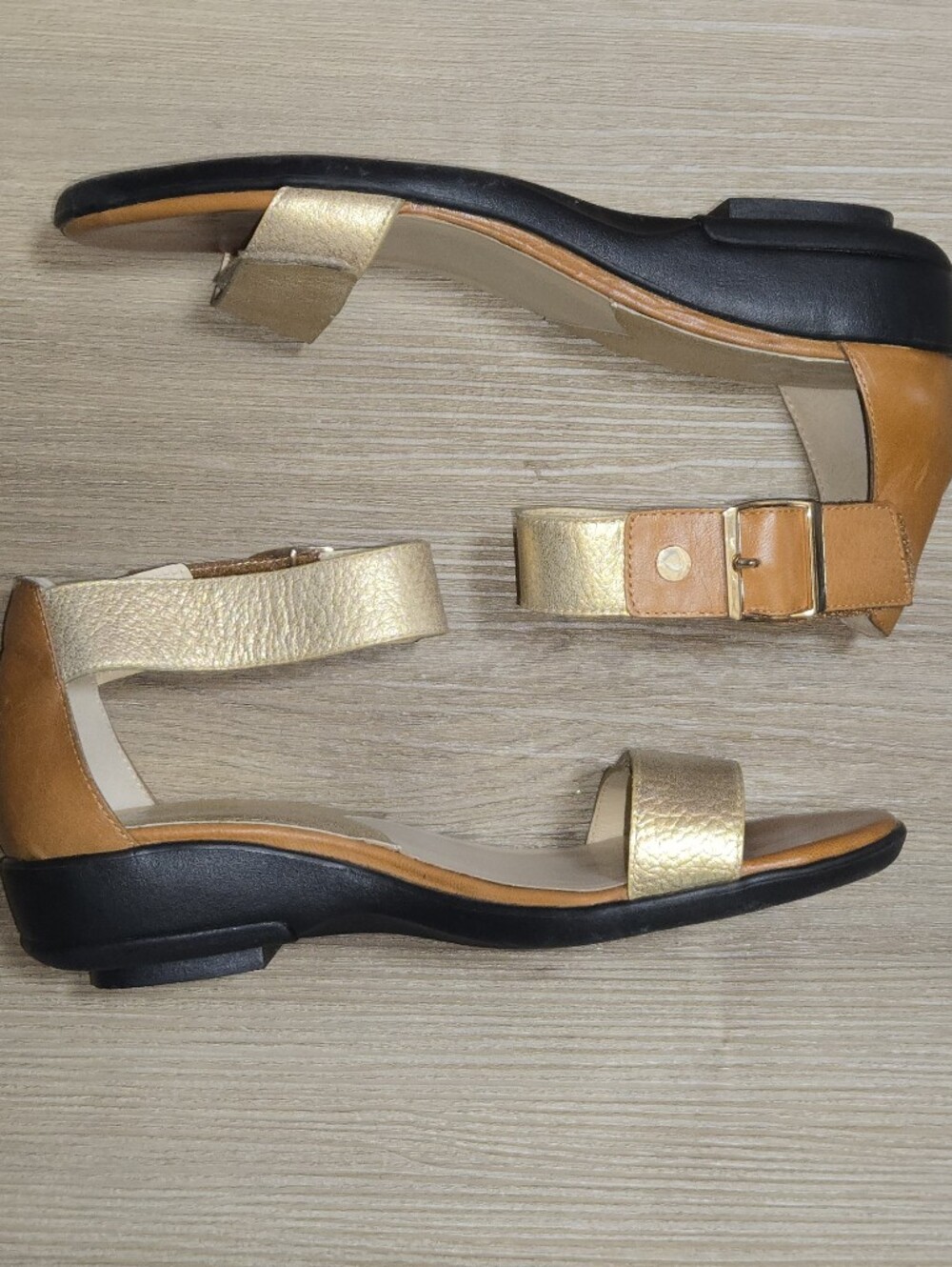 Women’s Gold & Tan Leather Ankle Strap Sandals - Picture 5 of 7
